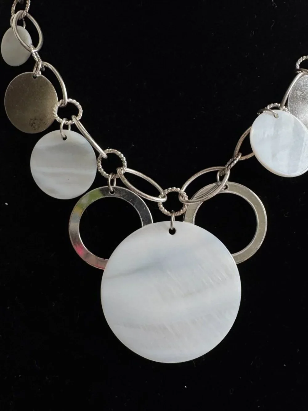 Mother of Pearl Statement Necklace Silver Tone Shell Disc Bib Necklace